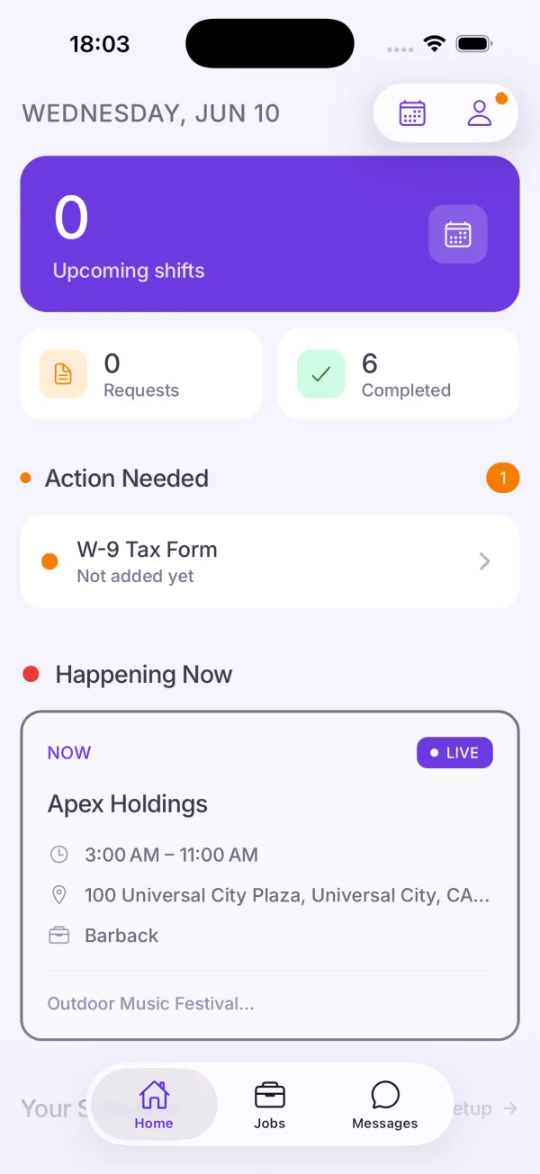 The Staff Buddy app home screen: upcoming shifts, a document to add and the event happening now.